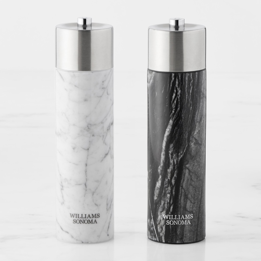 NIB Williams Sonoma Signature Marble Salt & Pepper Mills Set, 9"